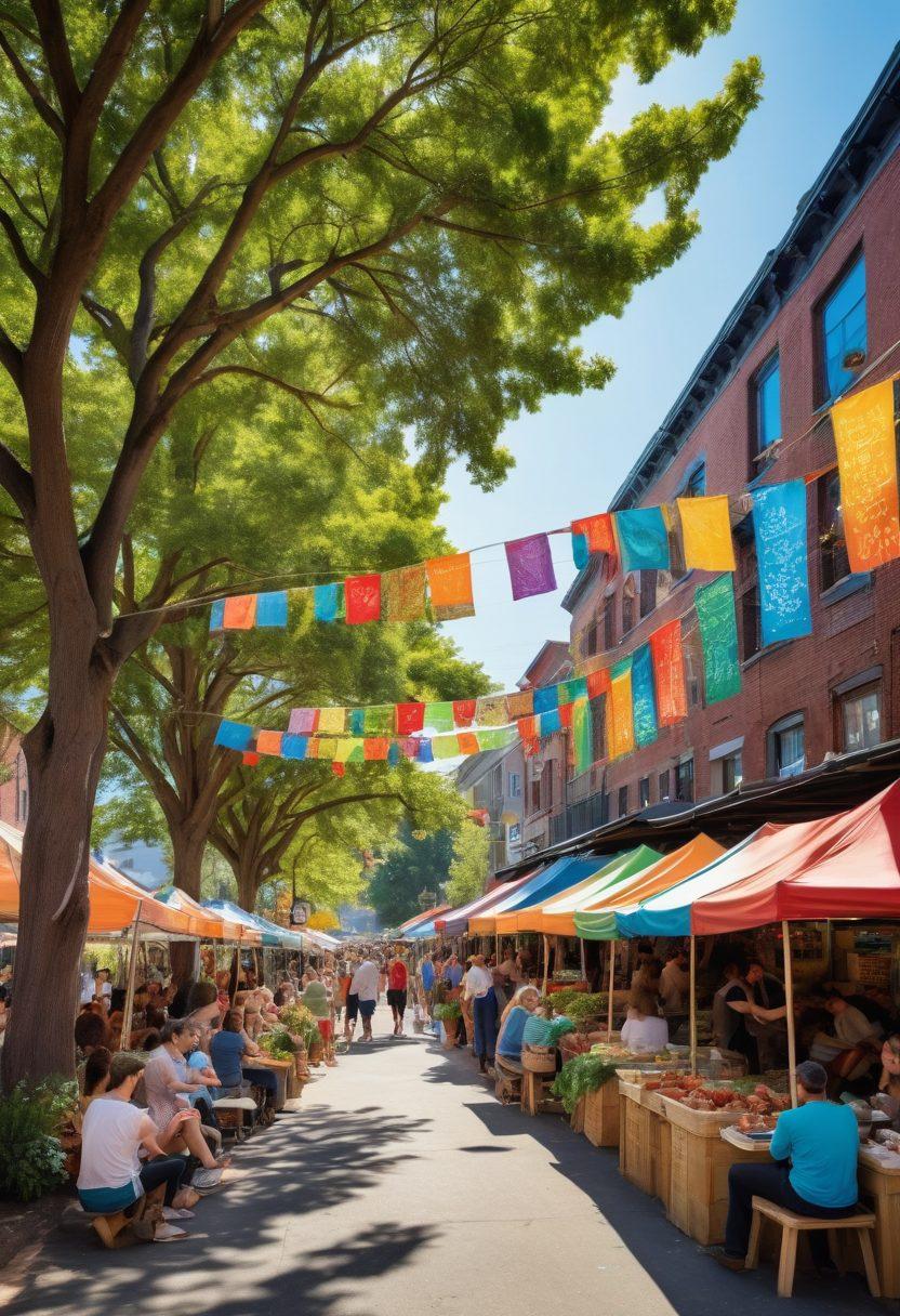 A bustling neighborhood scene filled with diverse community members joyfully engaging in various local events such as a farmers market, open-air concert, and food festival. Incorporate colorful banners announcing upcoming events, and people using digital devices to check for updates. Include a warm, inviting atmosphere with trees, benches, and street art in the background. bright and lively. vibrant colors. super-realistic.