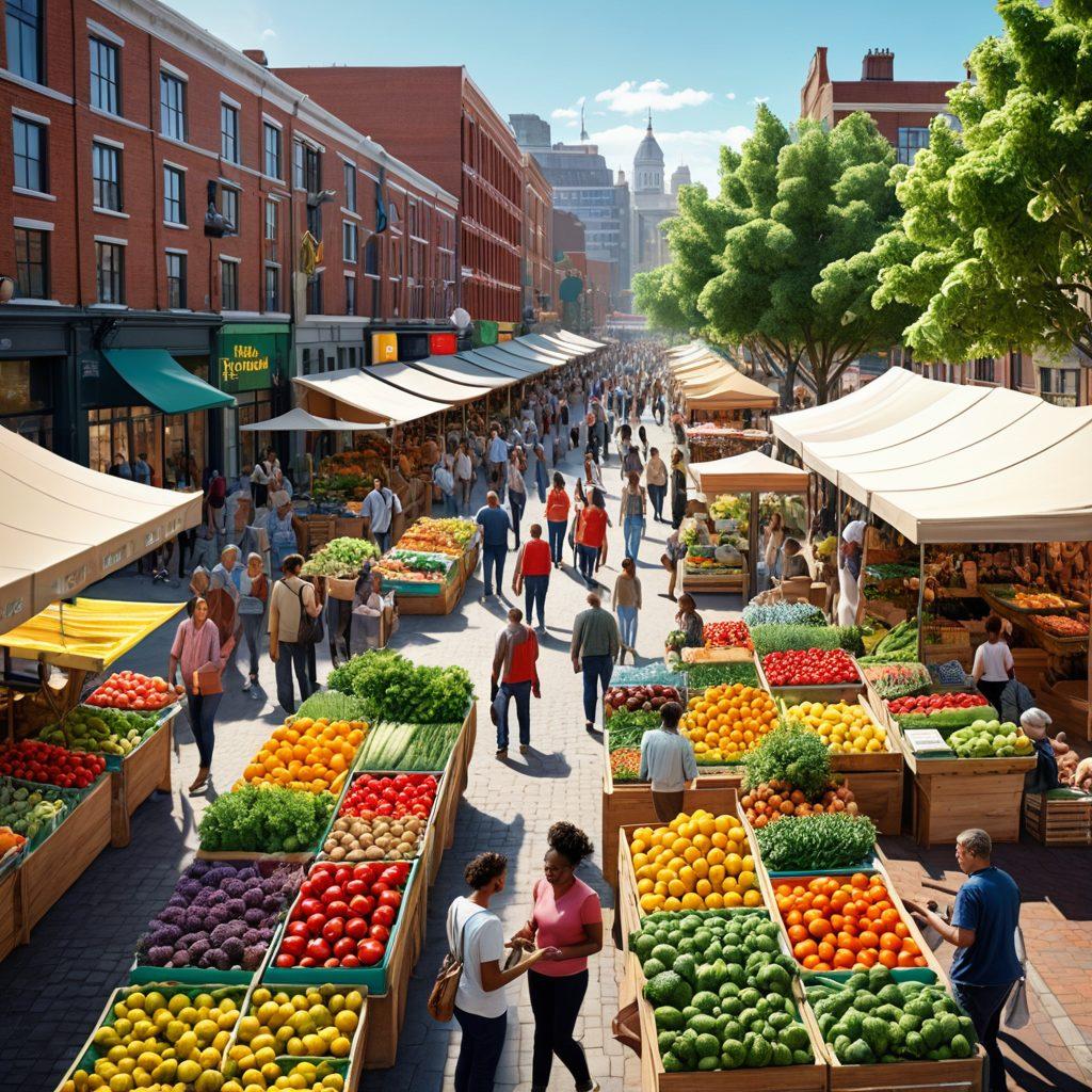 A bustling urban scene featuring a diverse group of people engaging in various local activities, such as a farmer's market, community gathering, and public art displays. Emphasize vibrant colors and energetic expressions, showcasing smartphones and tablets displaying event notifications. Include local landmarks in the background to ground the scene. The overall atmosphere should feel inclusive and lively, encapsulating community spirit. super-realistic. vibrant colors. 3D.