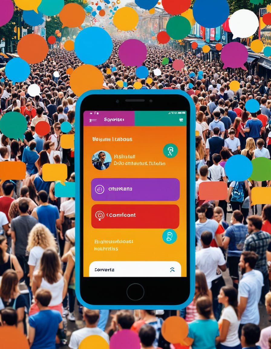 A dynamic collage featuring various colorful notifications and alerts popping up on a digital device screen, symbolizing community events and updates. In the background, illustrate people engaging in diverse activities, like a community festival and group discussions. Overlay elements like chat bubbles and digital clocks to suggest rapid information flow. Vibrant colors. modern style.